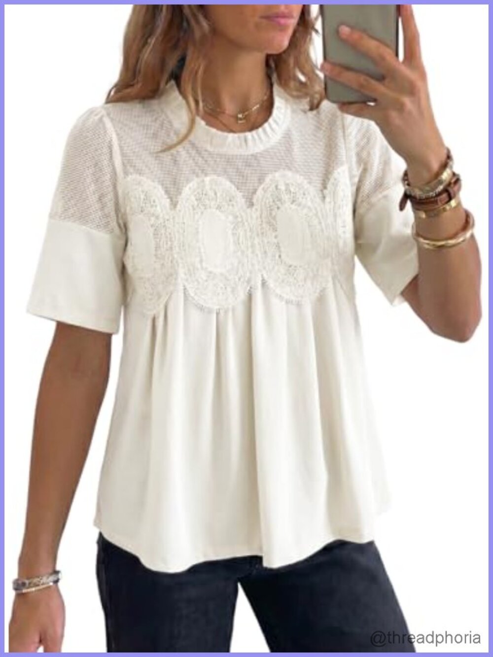 Women's Embroidered Lace Mesh Blouse Flared Short Sleeve Sheer Top